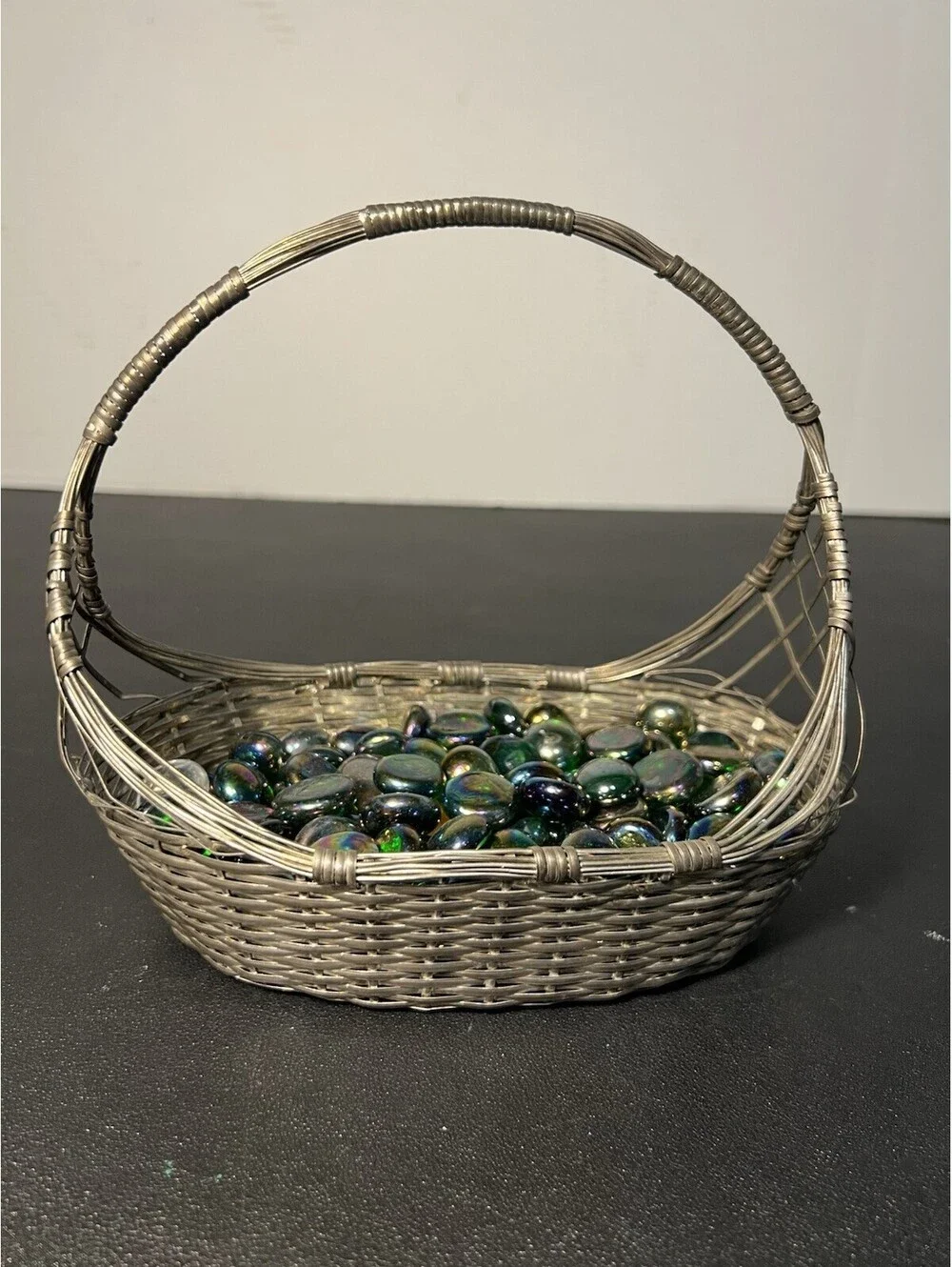 Vintage 1950s Woven Silver Tone Wire Basket With Iridescent Glass Gems, 7x7”